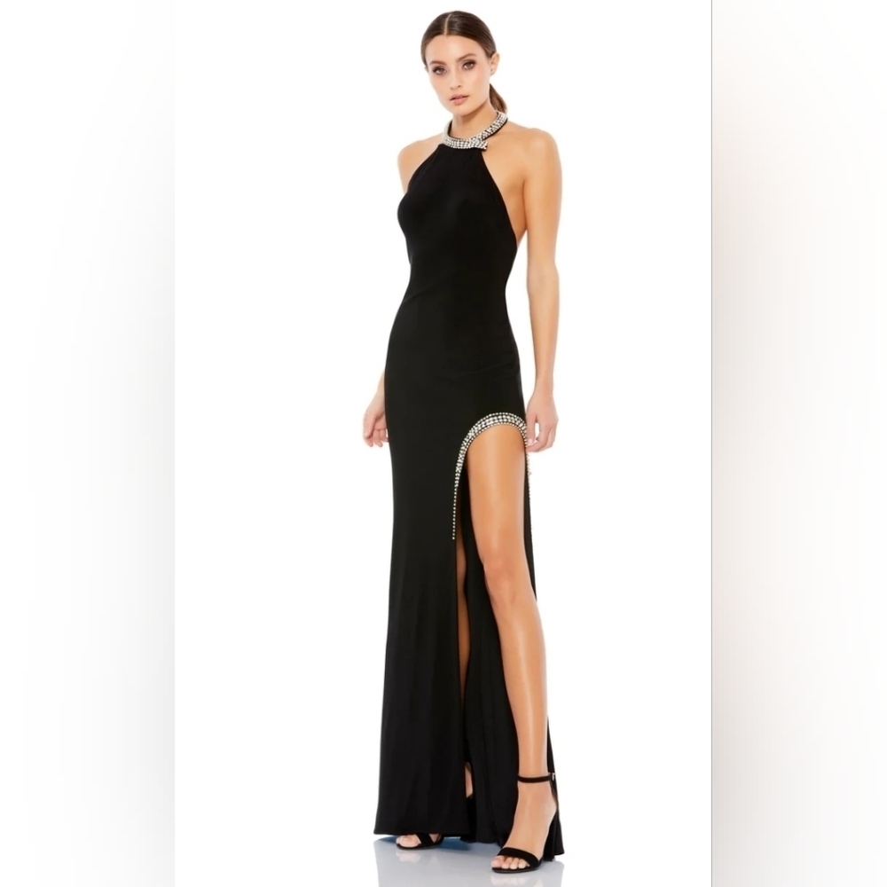 Ieena - Mac Duggal,High Slit Halter Gown W/Rhinestones/Black,Size 6- NWOT‎ -$358